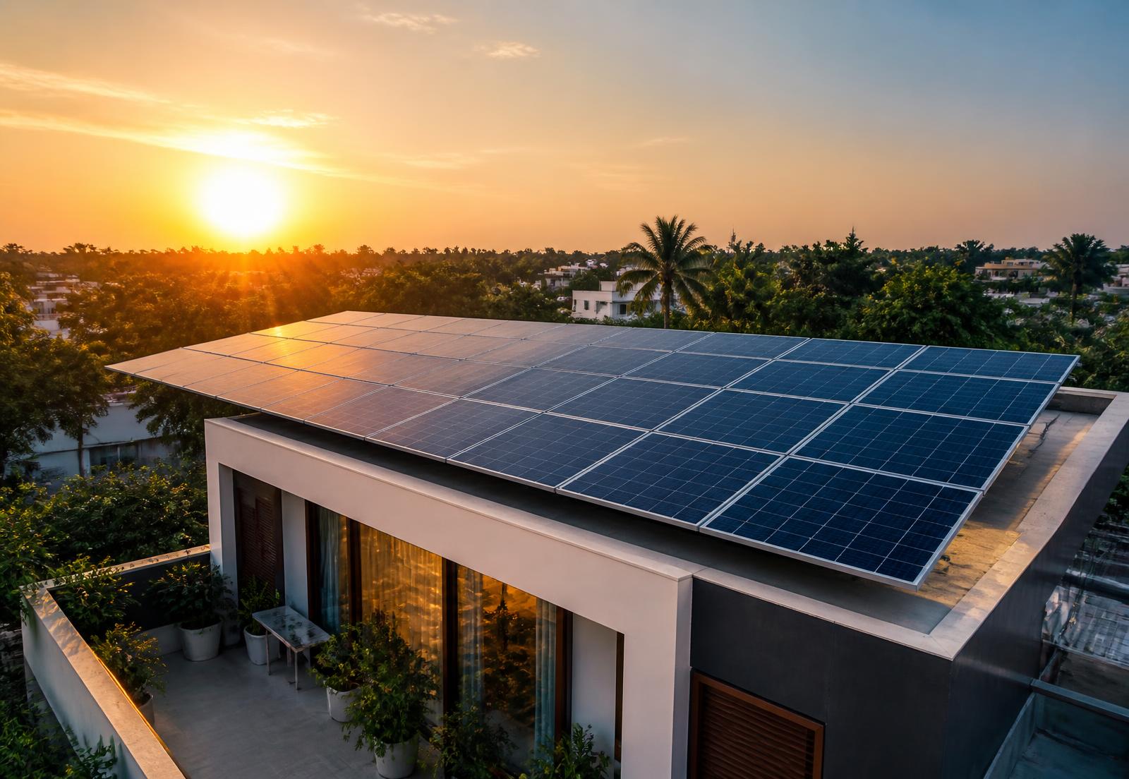 Rooftop solar panels on a modern Indian home at sunset